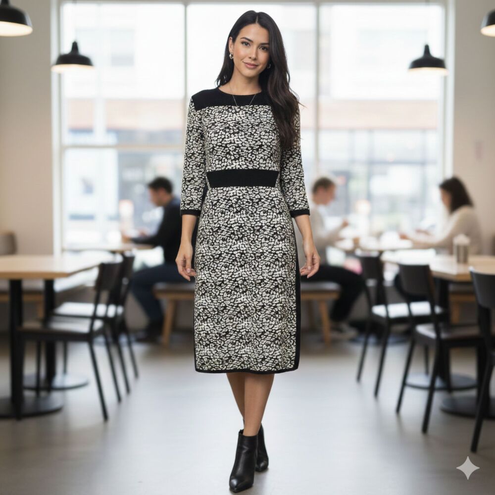 Danny & Nicole Animal Print Knit Dress Mod Career Sheath Black White Size M